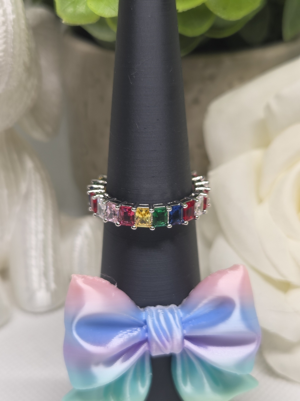 Multicolor Emerald-Cut Rainbow Silver Band Ring